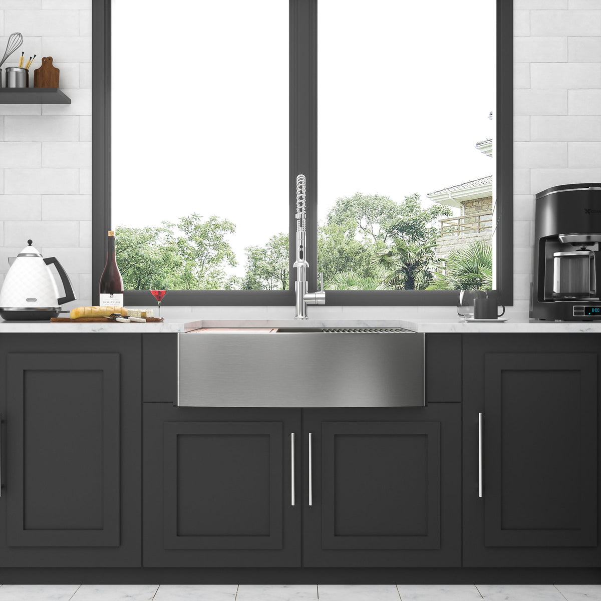 Double Bowl Farmhouse Sink Workstation 33" Stainless Steel 16 Gauge Apron Front - Black / Gray
