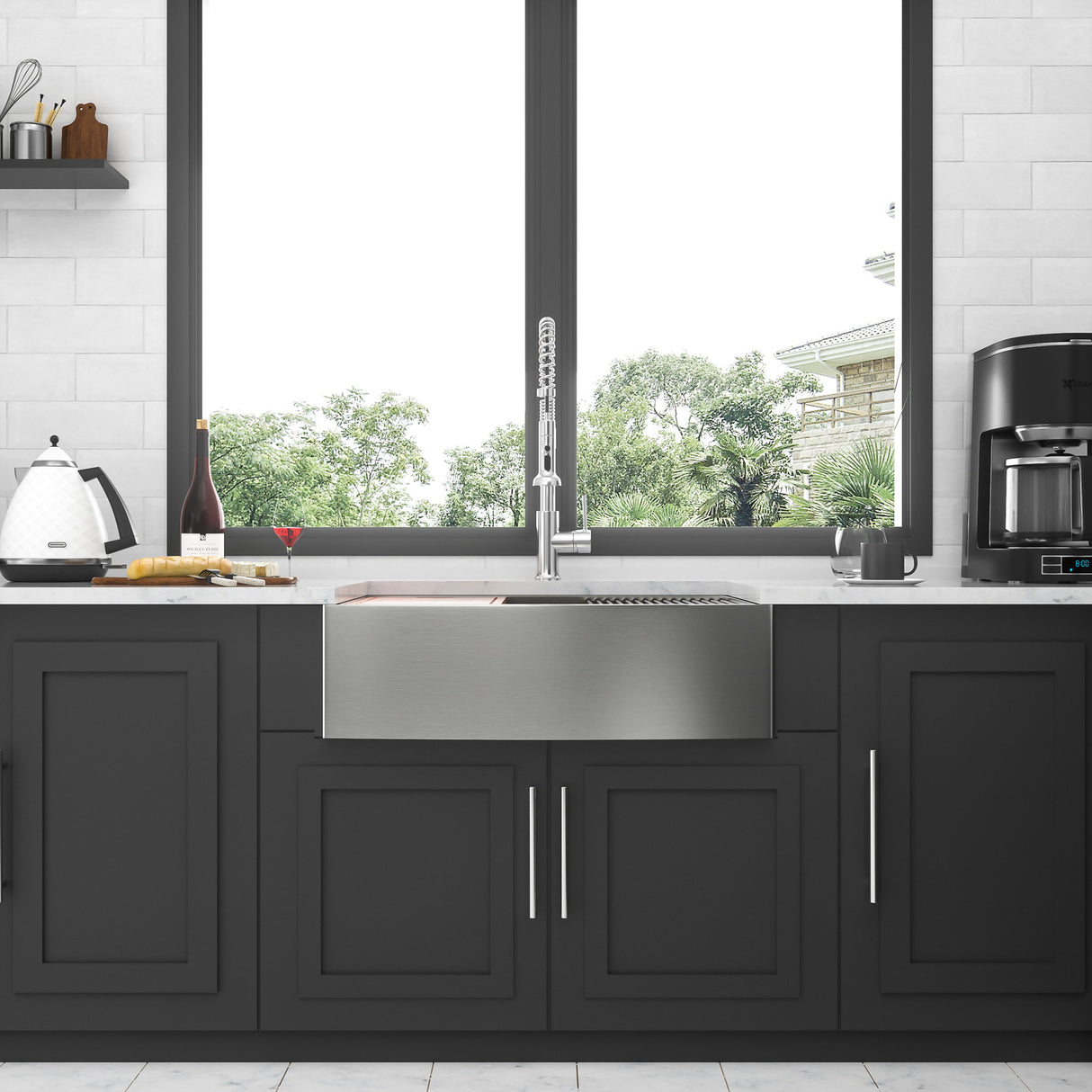Double Bowl Farmhouse Sink Workstation 33" Stainless Steel 16 Gauge Apron Front - Brushed Nickel