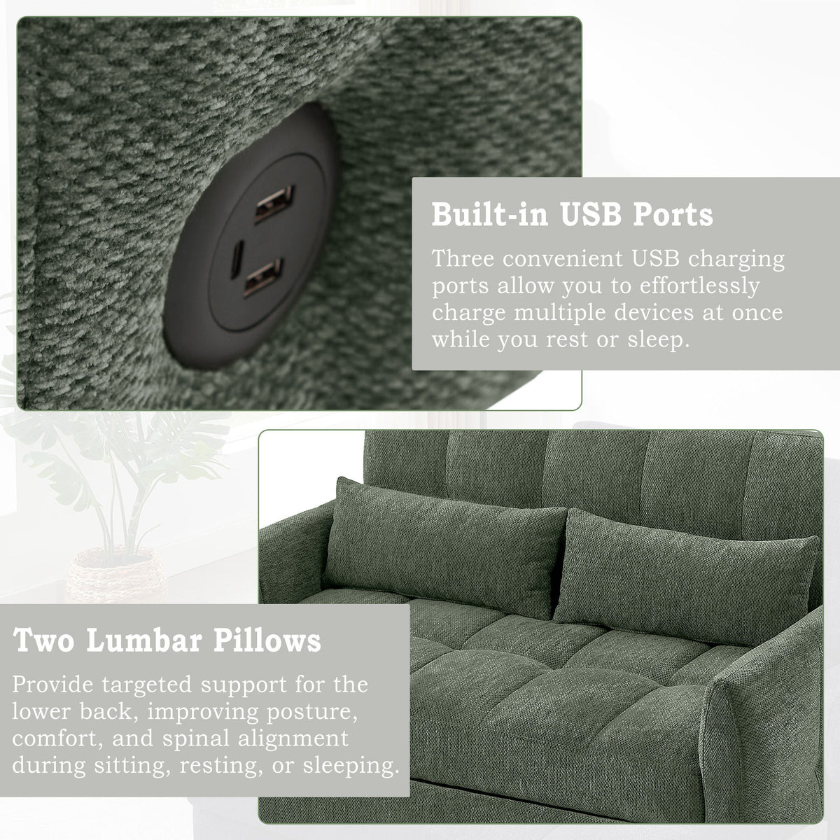 Loveseat Sofa Pull-Out Bed With Adjustable Backrest, 3 USB Ports And 2 Lumbar Pillows For Living Room