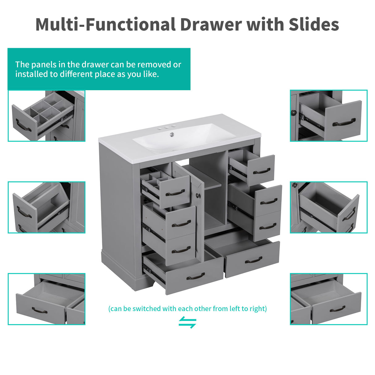 Modern Bathroom Vanity With Sink, 6 Drawers, Adjustable Shelf