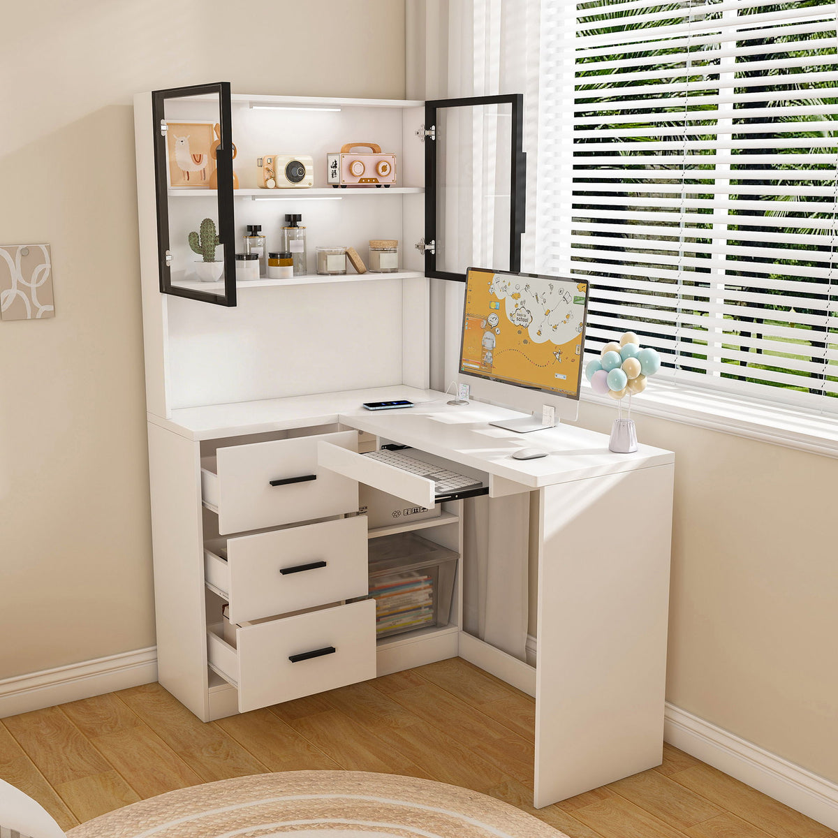 L-Shaped Computer Desk With Glass Cabinets, Built In LED Lights, USB Charging Ports