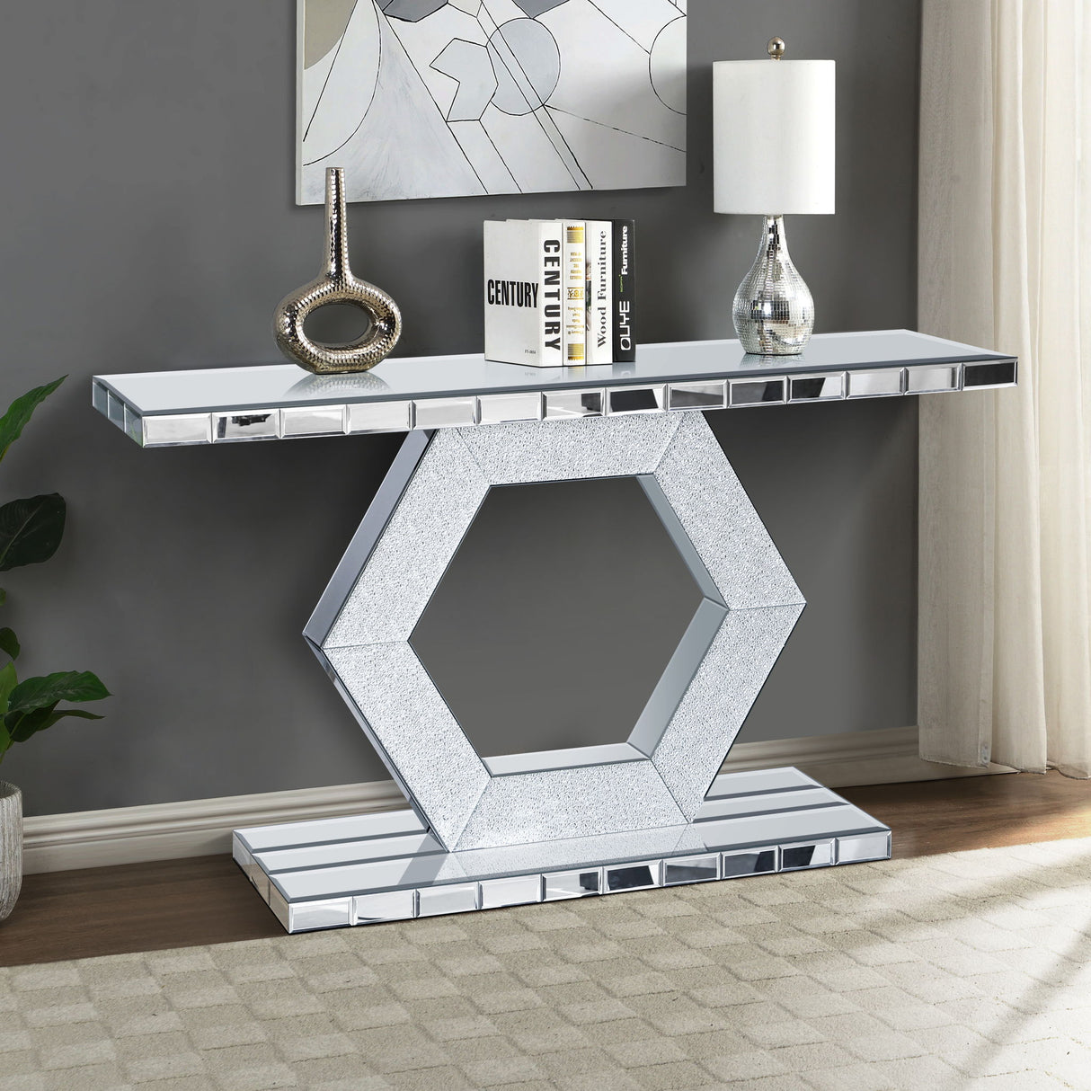 Sparkling Crystal Hexagon Mirror Entryway Premium Modern Foyer Console Table With Diamond Glass Effects, Dual Tier Luxury Sofa Table - Silver