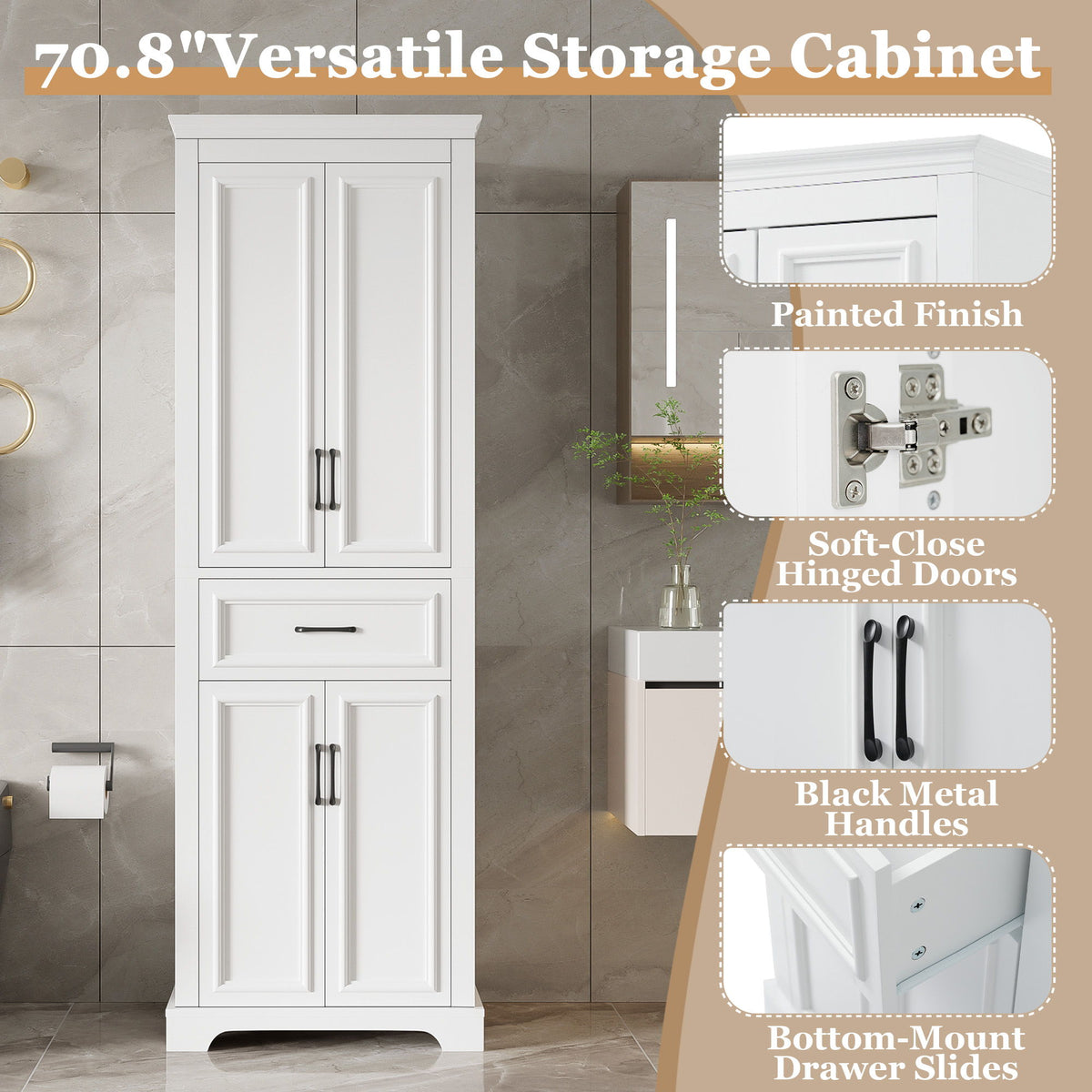 Freestanding Bathroom Vanity, Elegant Design With 4 Doors & 1 Drawer, Adjustable Shelves, Damping Hinges - White