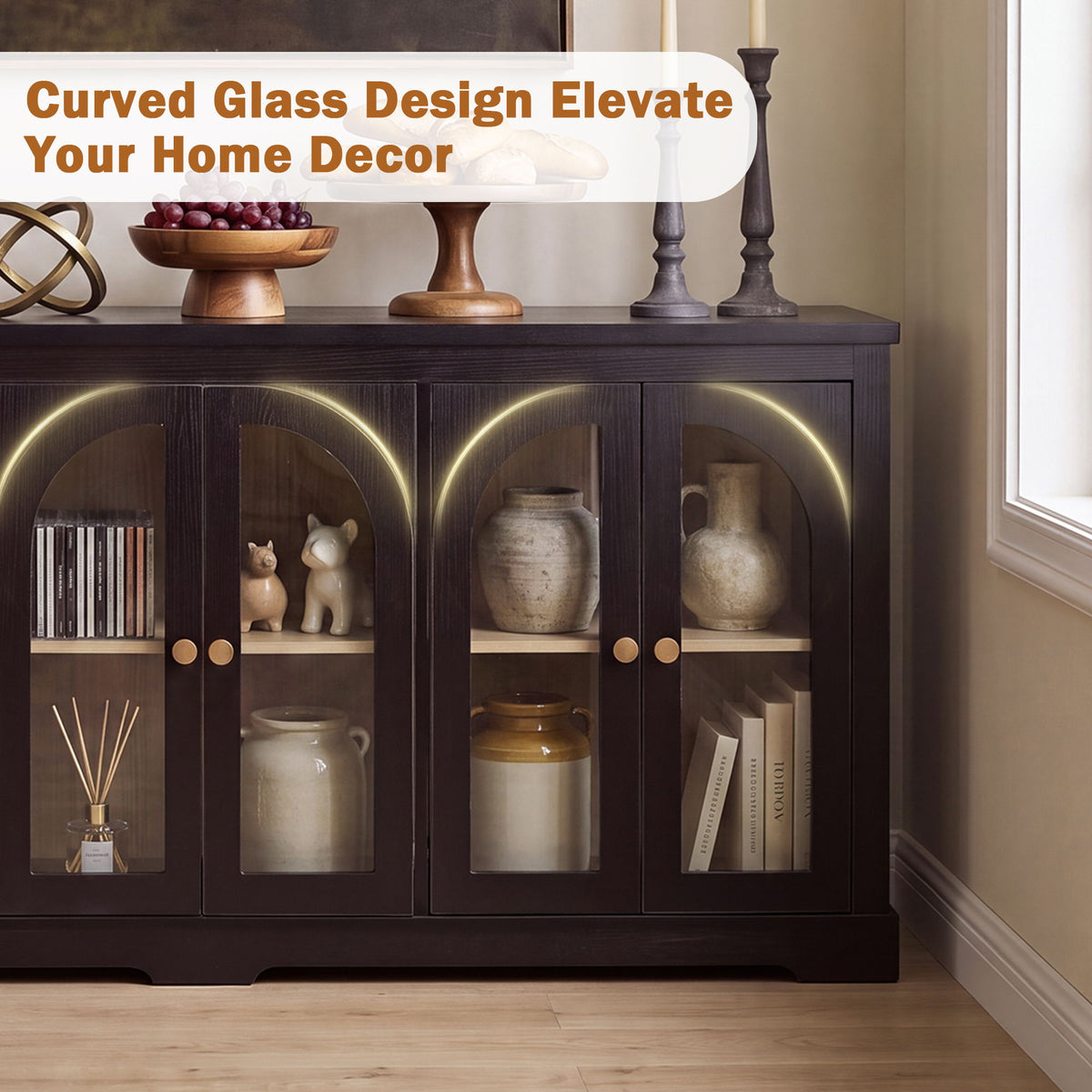 Modern Arched Glass Sideboard With 6 Doors, Buffet Cabinet With Storage And Adjustable Shelves