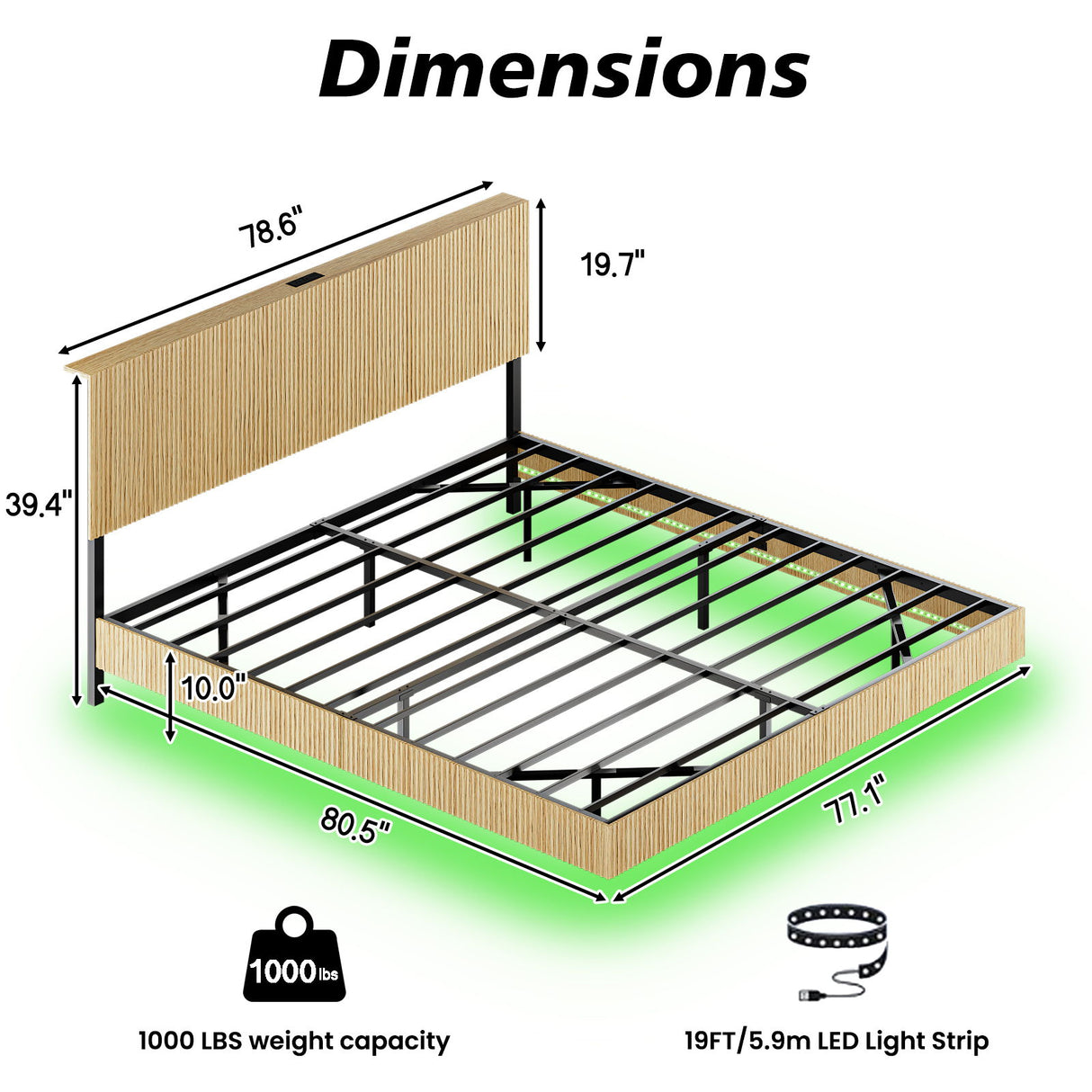 Floating Bedstead With Charging Station And LED Lights