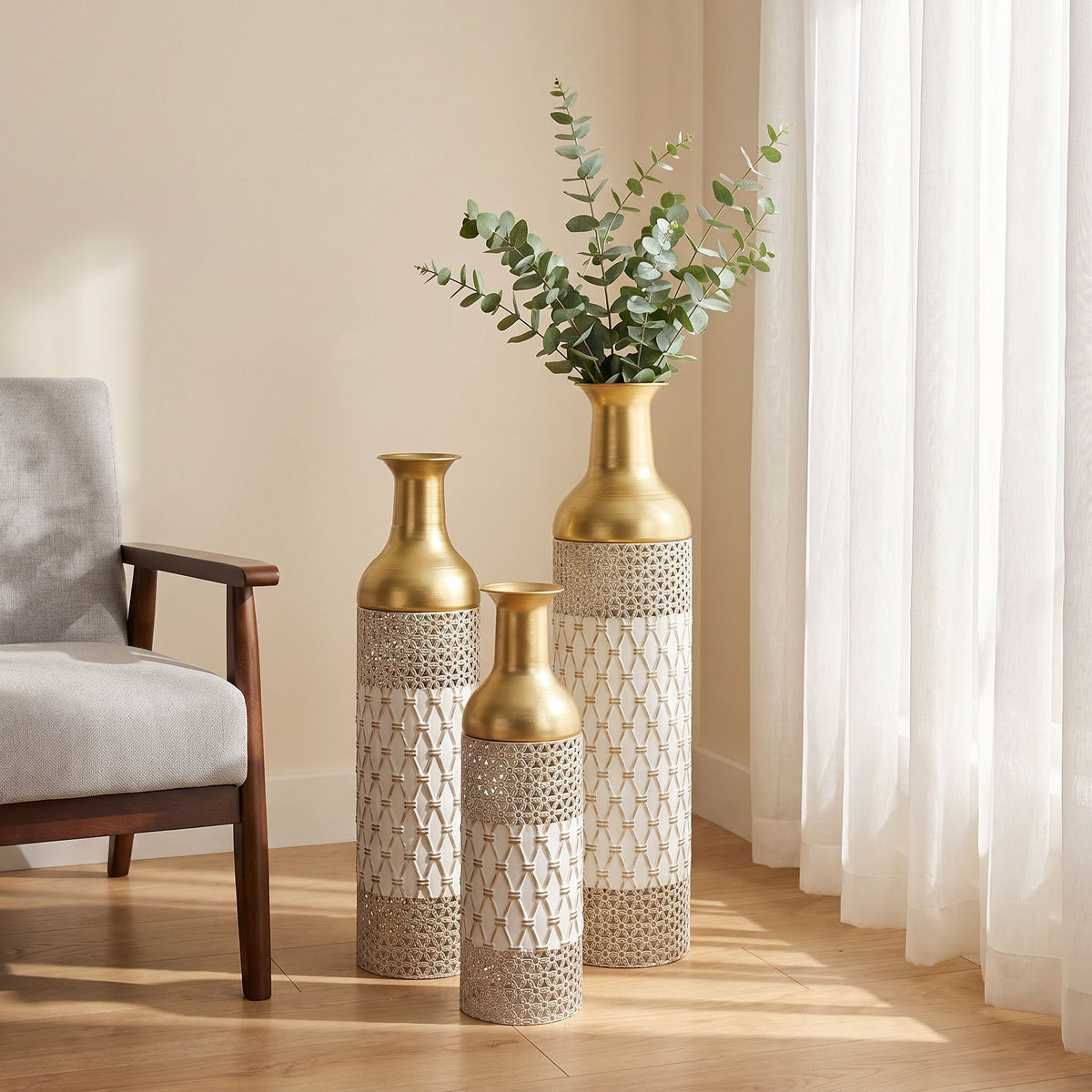 Tall Floor Vase Decorative Vase, Home Accent Decor (Set of 3) - White / Gold