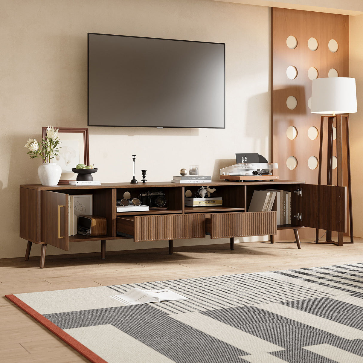 TV Stand For TVs Up To 85" With Soft-Close Doors, Open Shelf, Cable Management - Walnut