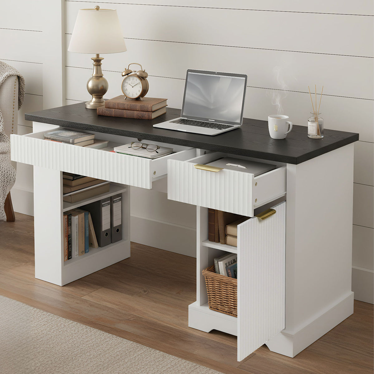Fluted Office Desk With Storage Cabinet, Drawers, Power Outlet, Pegboard & Keyboard Tray - White