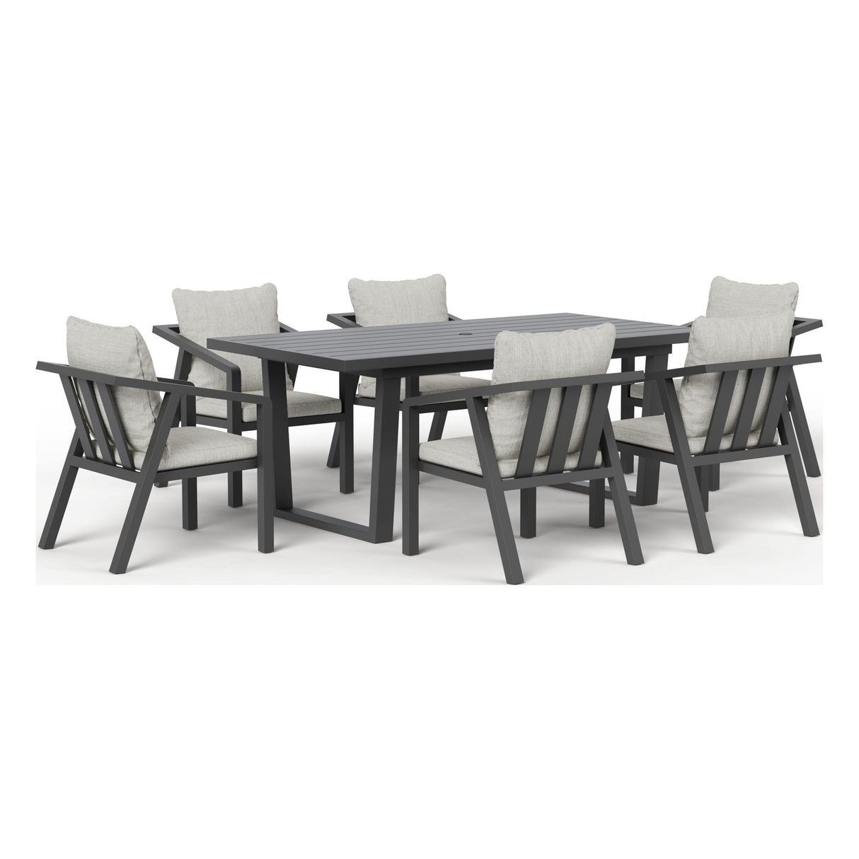 Monarch seven-piece outdoor dining set in Light Gray, front three-quarter view