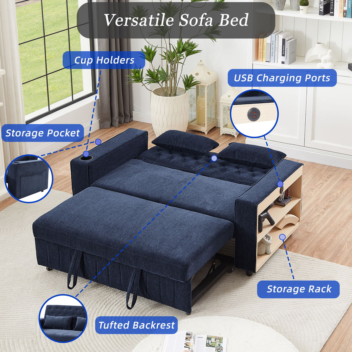 Pull-Out Sofa Bed Convertible Couch With Adjustable Backrest For Living Room