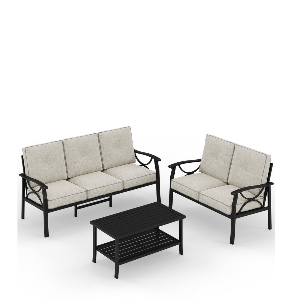 3 Piece Patio Furniture Set With Thick Cushions, Coffee Table For Backyard - Gray / Black