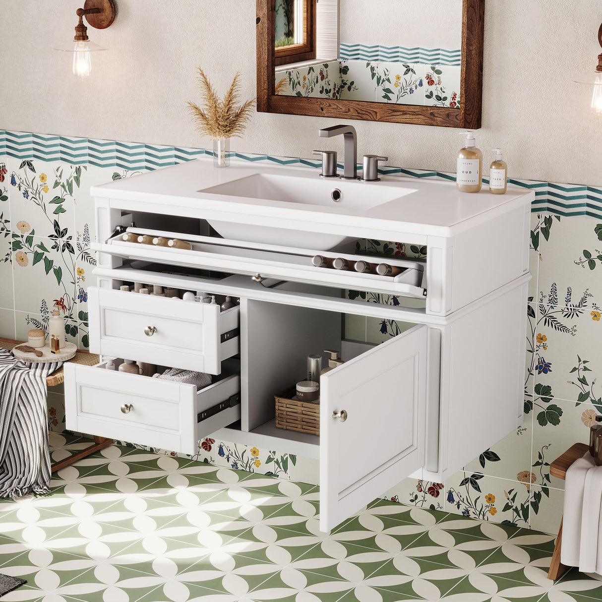 Modern Wall Mounted Floating Cabinet With Double Drawer And Sink