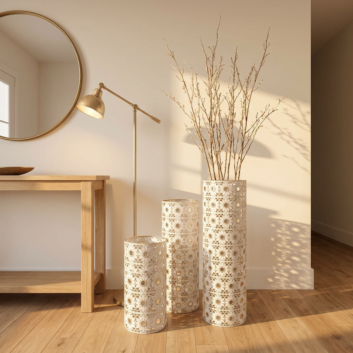 Handcrafted Cutout Hollow Tall Standing Floor Vase, Home Decor (Set of 3) - White / Gold