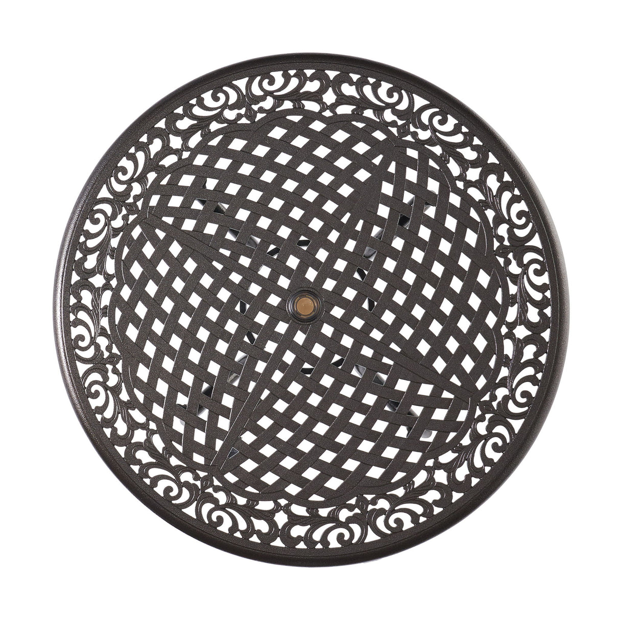 Tranquilius - Outdoor Round Dining Table With Lattice Tabletop, Umbrella Hole And Curved Legs