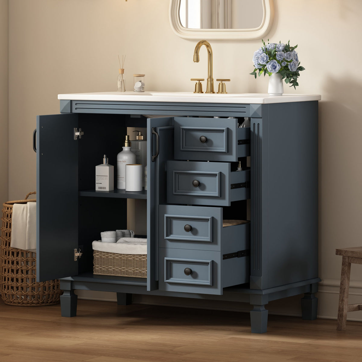 Bathroom Vanity With Sink And Storage, 2 Drawers, 1 Deep Drawer, Adjustable Shelf - Blue