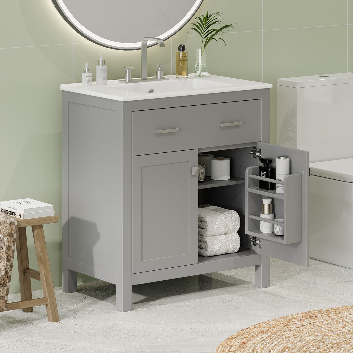 Bathroom Vanity With Ceramic Sink, Modern Single Bathroom Cabinet With 2 Doors And A Shelf, Soft Close Doors