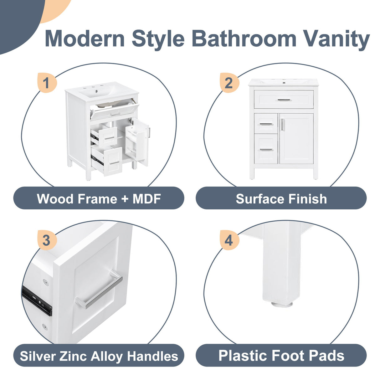 Modern Bathroom Vanity With Sink, Flip Drawer & 2 Drawers, Soft Close Hinges, Adjustable Shelf