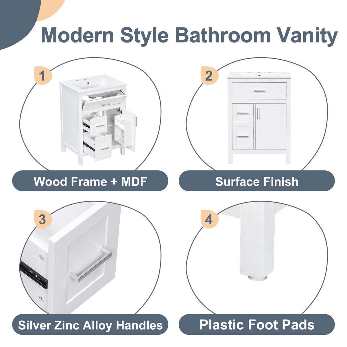 Modern Bathroom Vanity With Sink, Flip Drawer & 2 Drawers, Soft Close Hinges, Adjustable Shelf
