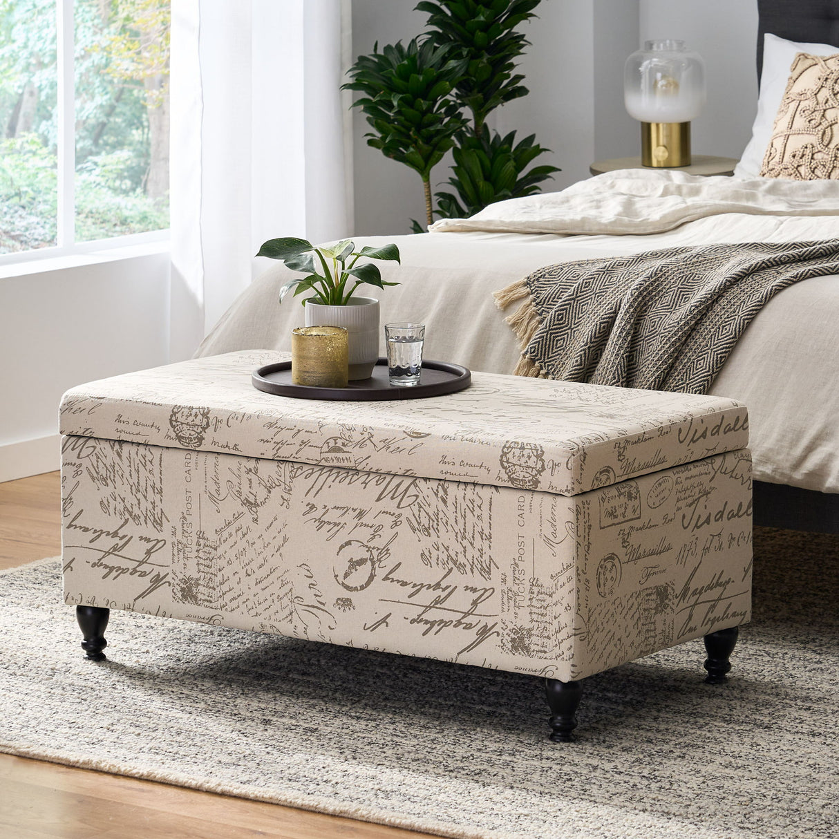 Parisian Upholstered Fabric Storage Ottoman - Beige / Reclaimed Natural