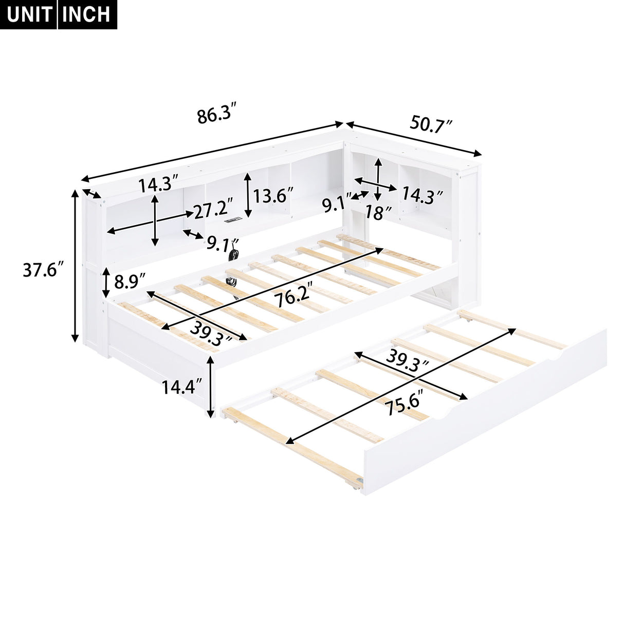 Twin Size Daybed With Trundle, Storage Cabinets, USB Ports - White