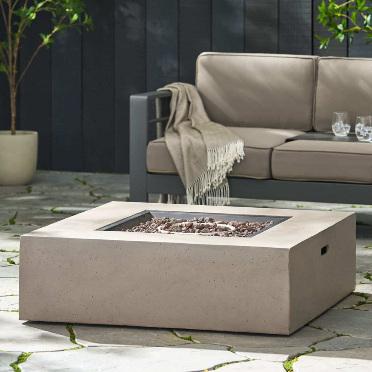 Square Fire Pit Table Outdoor Hearth 50000 BTU Propane Ceramic 40x40in