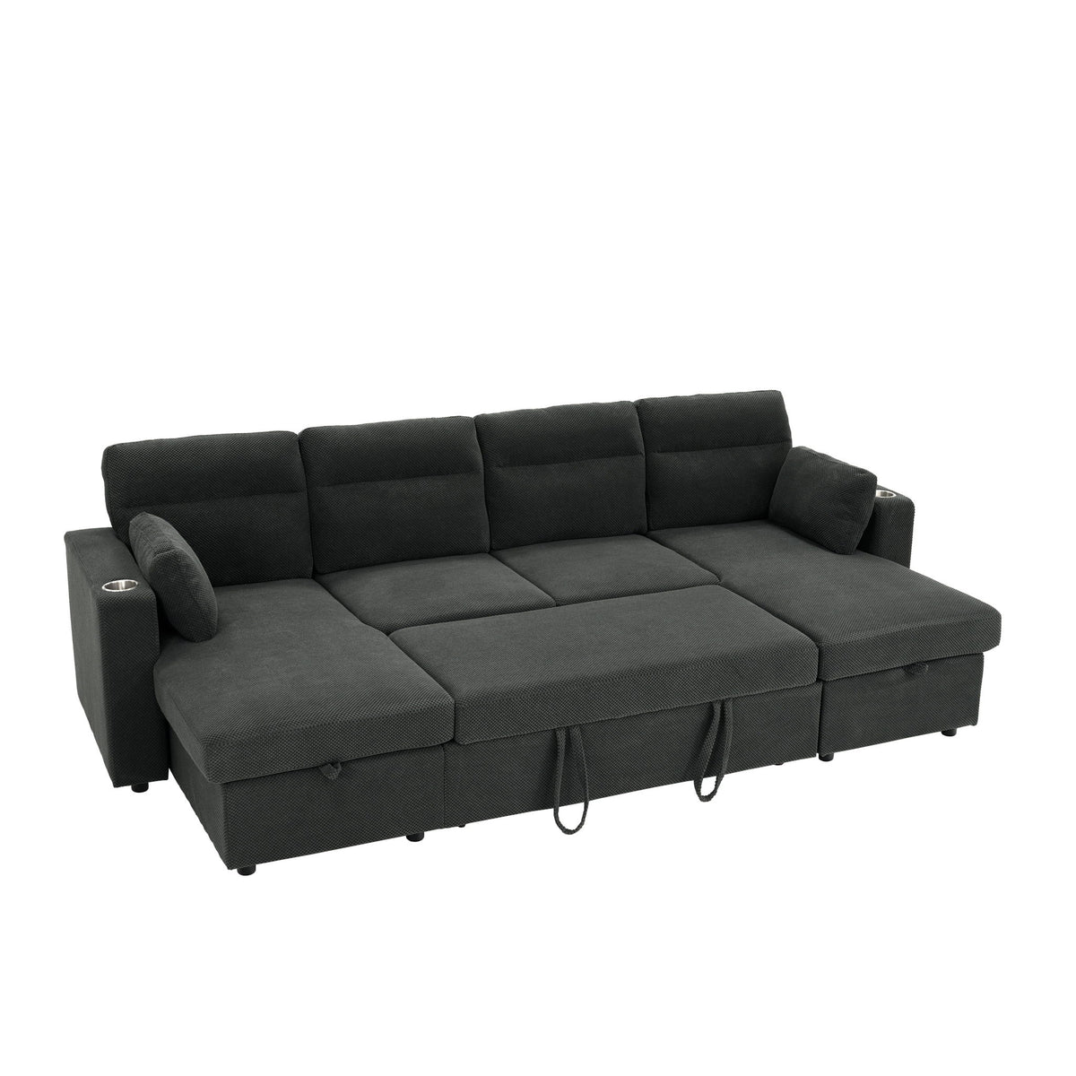 Convertible Sectional Sofa With Storage Chaise, Cup Holders And Pull Out Sleeper