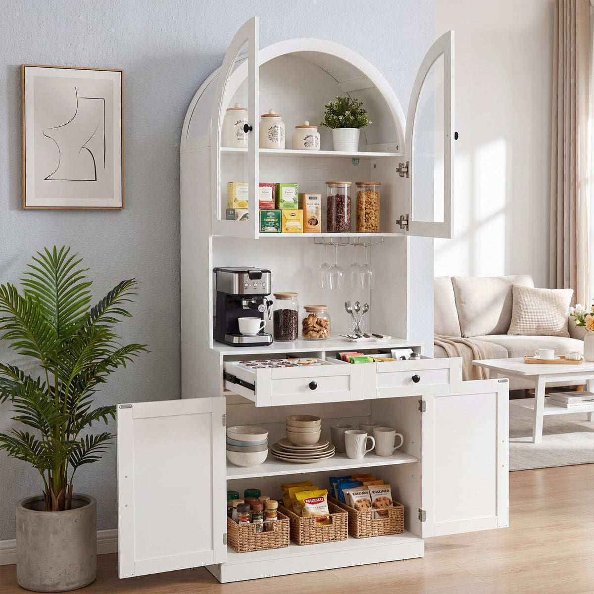 Tall Arched Pantry Cabinet With Charging Station, Adjustable Shelves, Coffee Bar With Open Countertop For Kitchen - White