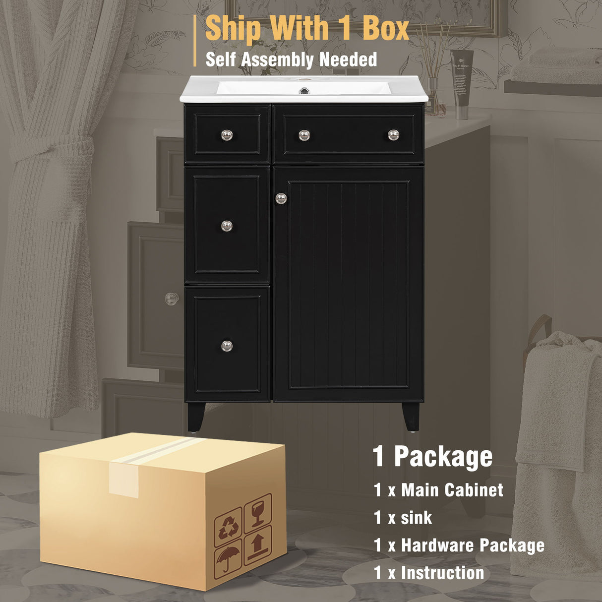 Transitional Style Bathroom Vanity Cabinet With Ceramic Sink