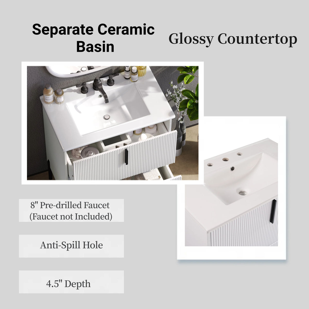 Bathroom Vanity With Ceramic Sink, Fluted Design