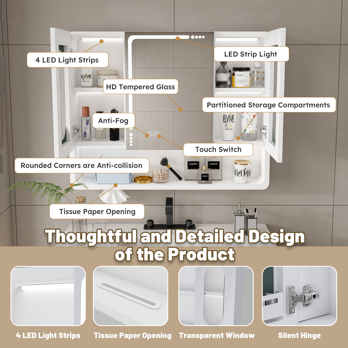 Wall Mounted Bathroom Mirror Cabinet With LED Lights, Anti Fog & Explosion Proof, Touch Control Medicine Cabinet, 3 Color Lighting - White