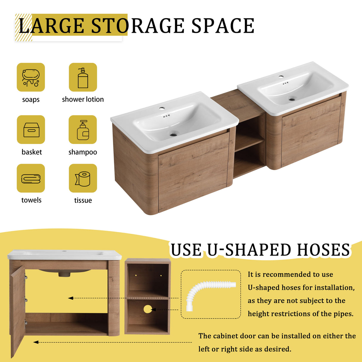 Wall Mounted Bathroom Vanity With Sink And Storage Shelves, Soft Close Doors