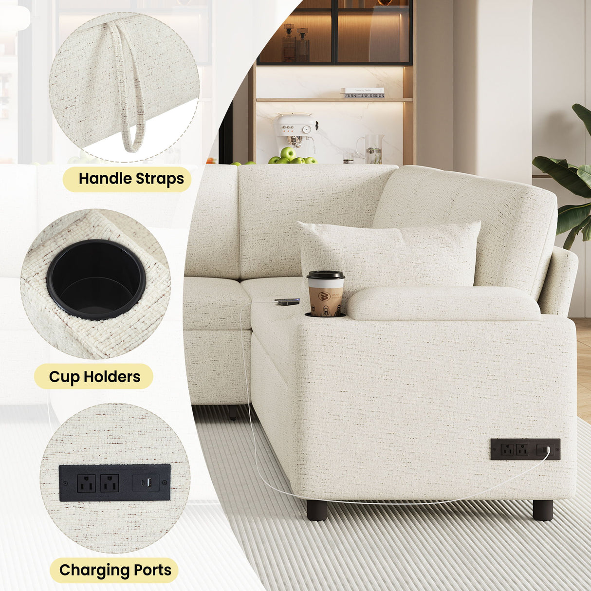 U-Shaped Sectional Sleeper Sofa With Ample Storage Space, 2 Cup Holders And Charging Ports For Living Room