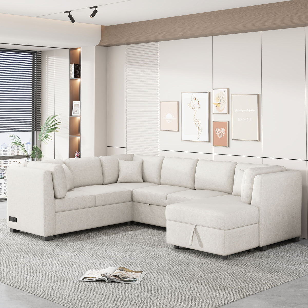 U-Shaped Sectional Sofa Pull Out Sofa Bed With Two USB Ports, Two Power Sockets, Three Back Pillows And A Storage Chaise For Living Room