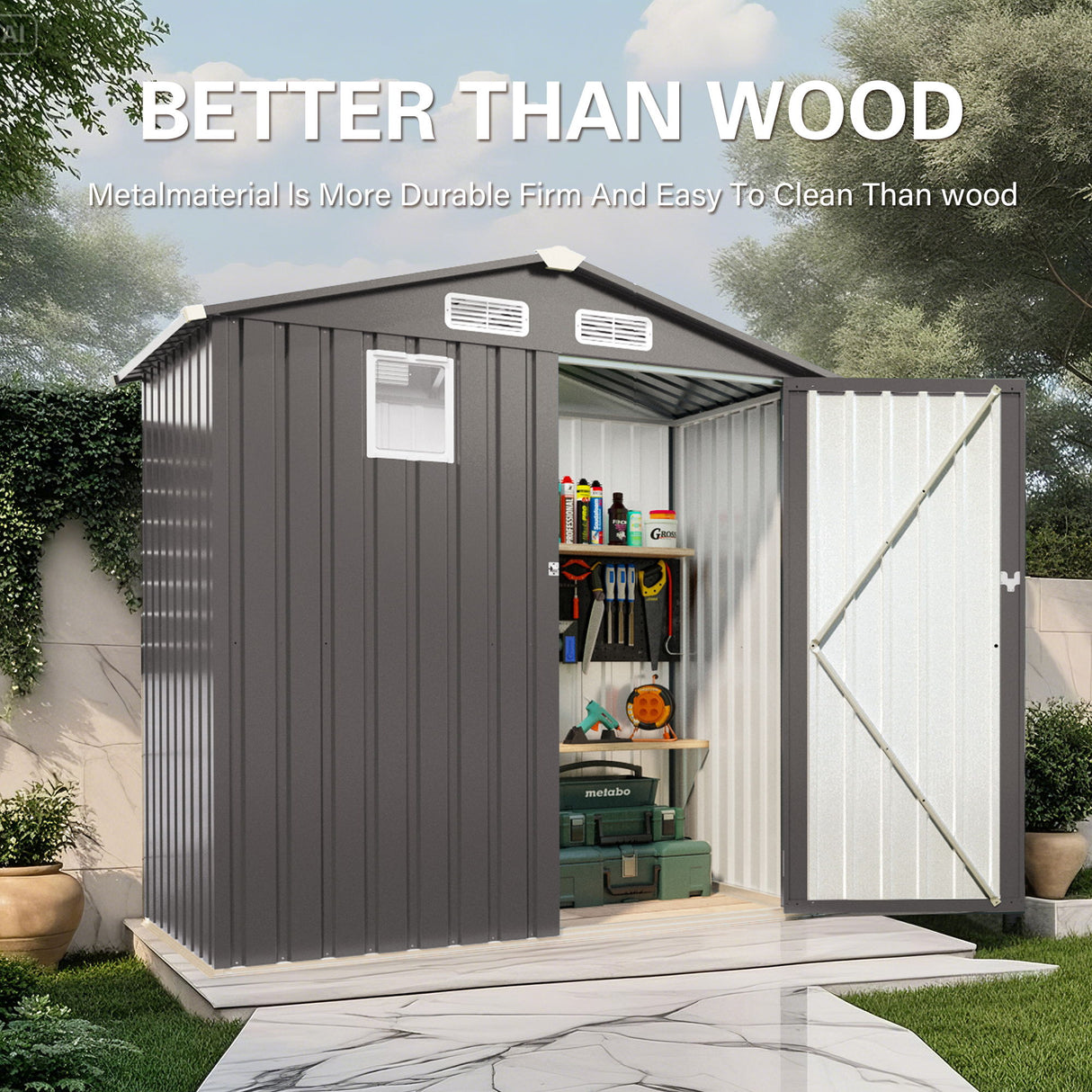 Compact Outdoor Storage Shed With Peaked Roof And Lockable Door - Gray