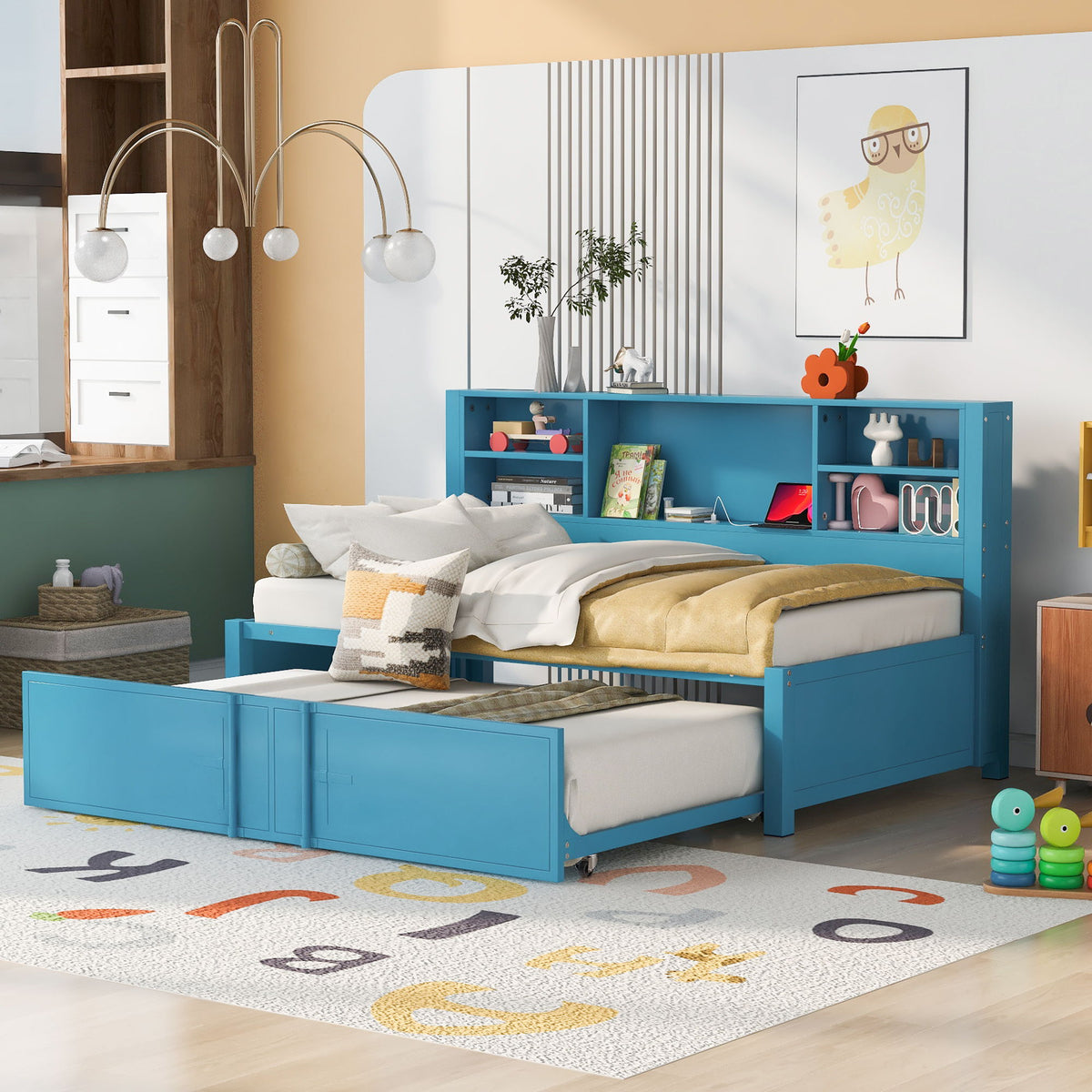 Twin Daybed With Trundle, Storage Shelves, USB Ports Frame - Blue