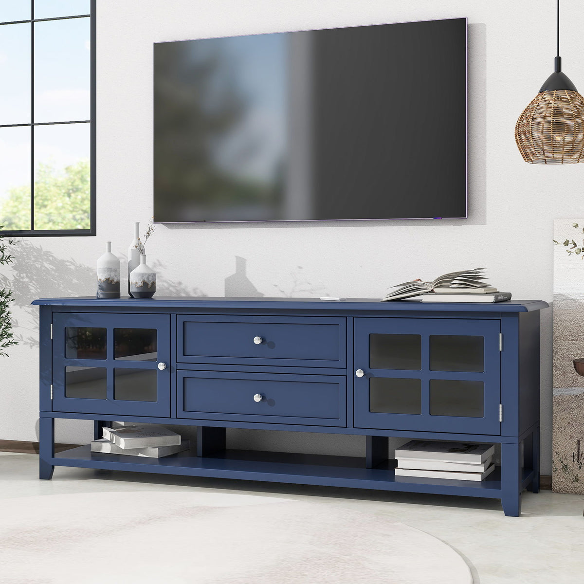 TV Stand For TVs Up To 60", Entertainment Center With Dual Drawers And Hidden Storage, Cabinet With Soft Closing Doors - Blue