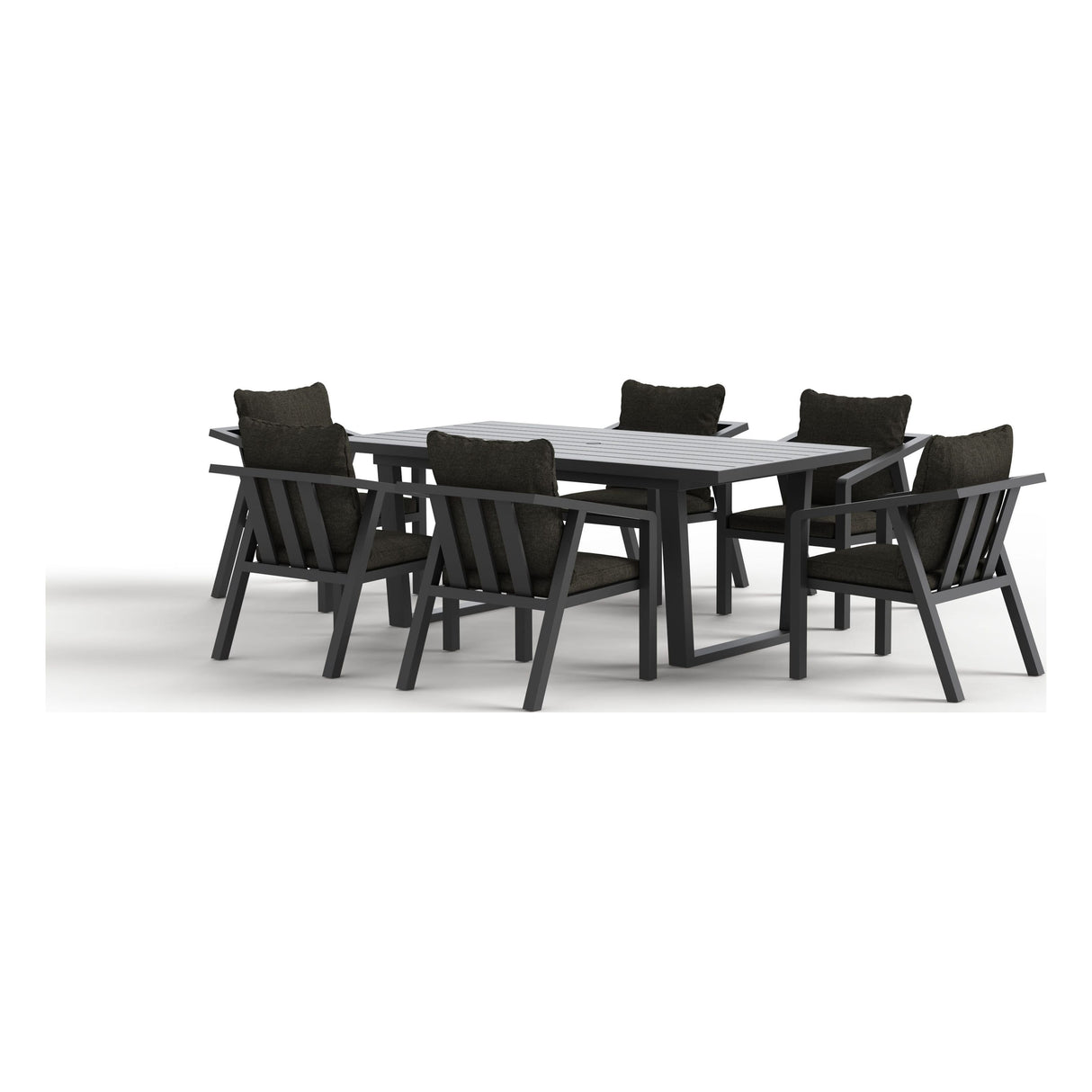 Rear three-quarter view of the Monarch seven-piece outdoor dining set in Charcoal