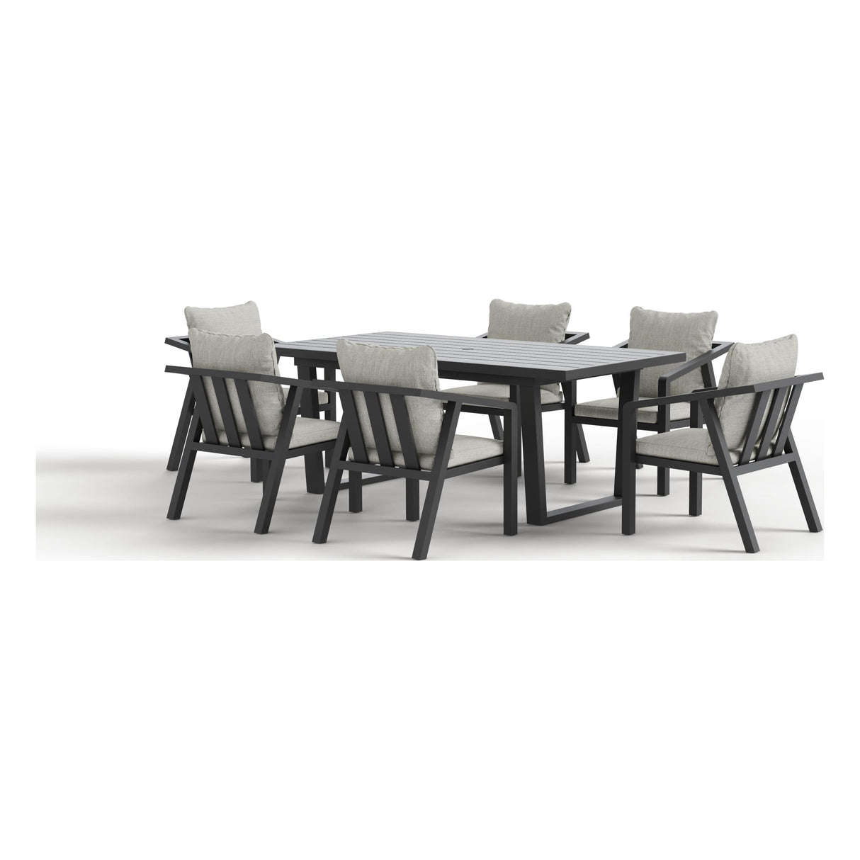 Rear three-quarter view of the Monarch seven-piece outdoor dining set in Light Gray