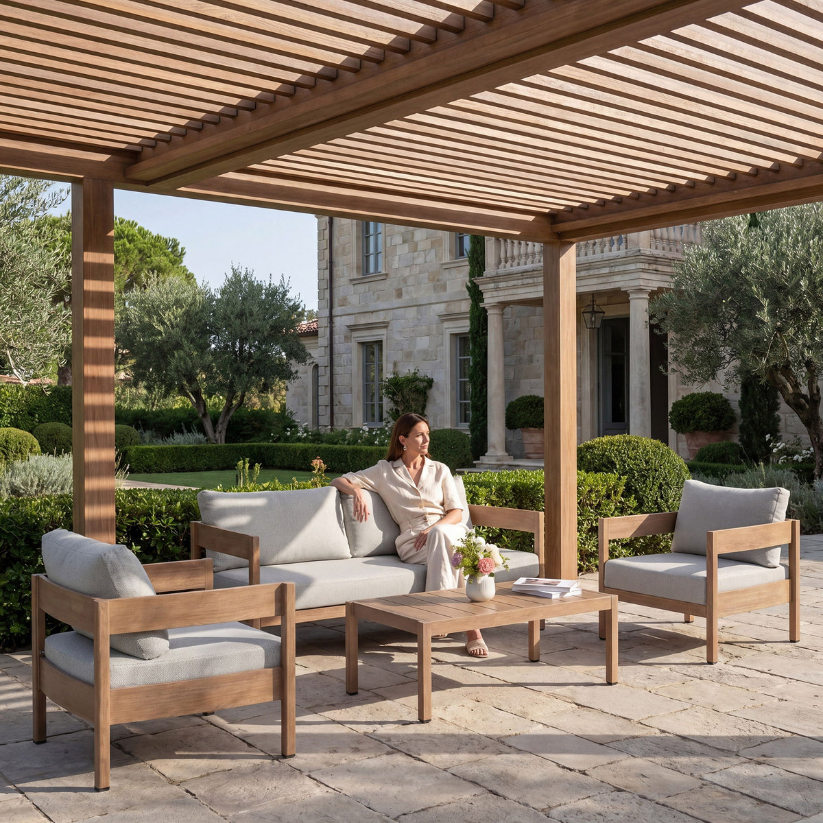 Outdoor Sofa With Weather Resistant Cushions (Coffee Table Not Included) (Set of 3) - Oak