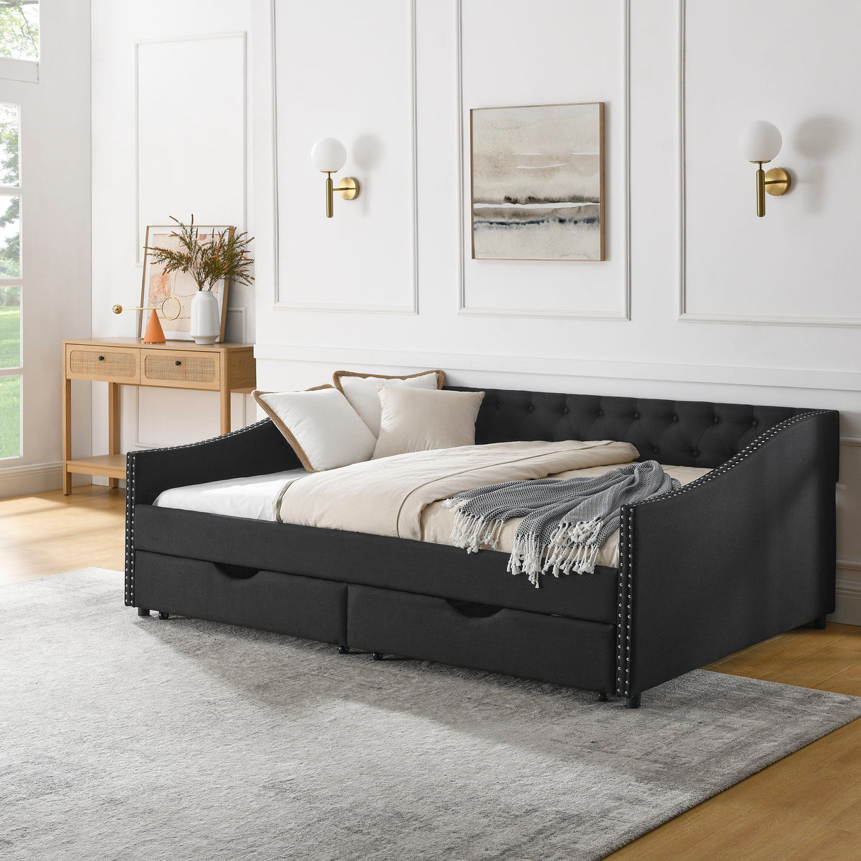 Upholstered Tufted Daybed With 2 Drawers, Waved Arms