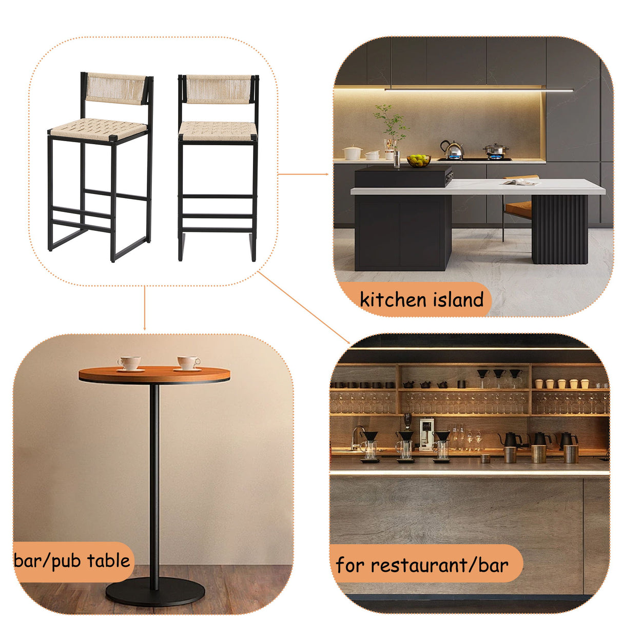 Style B, Woven Bar Stools With Backrest, Paper Rope Weave Dining Chairs For Kitchen Island - Creamy White