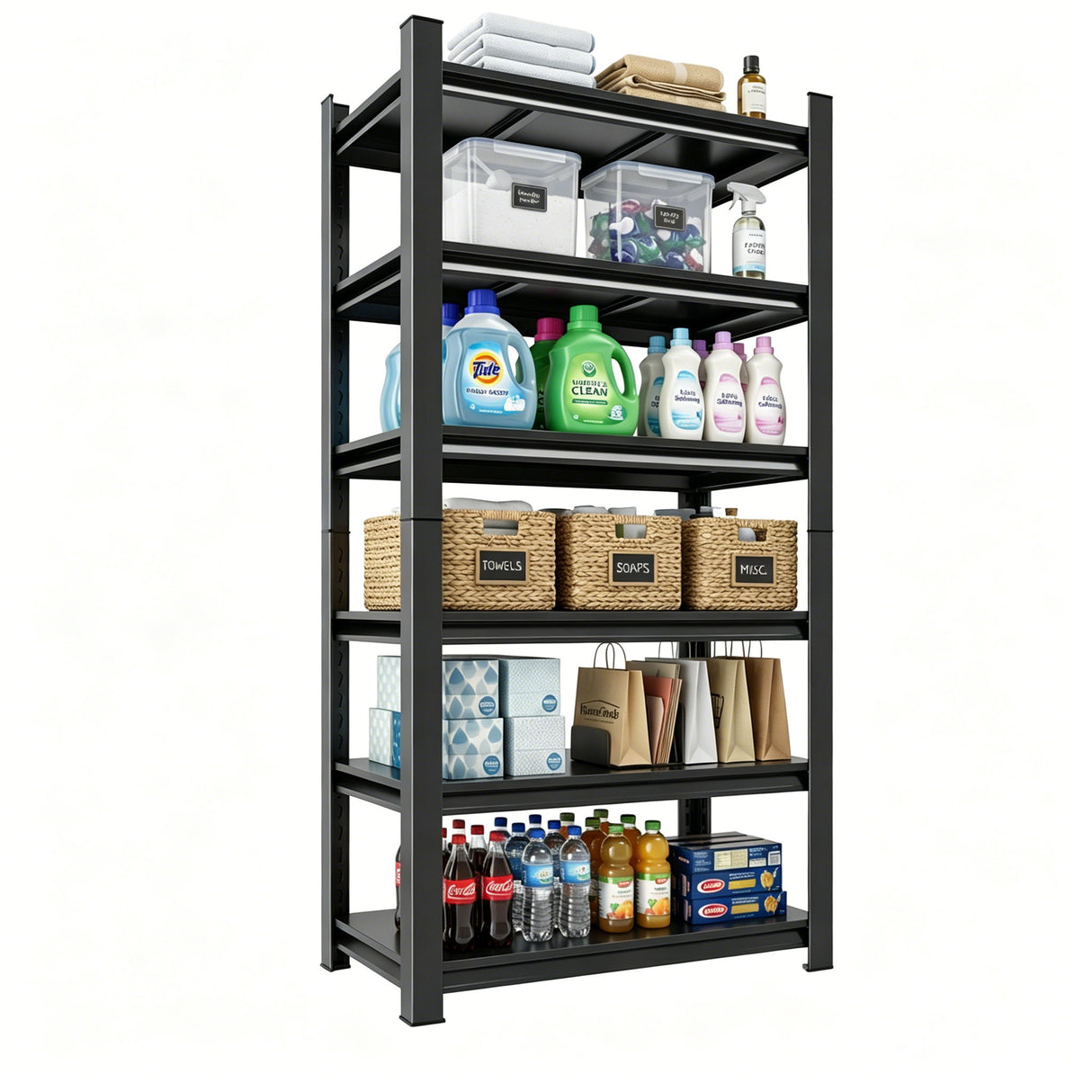 6 Tier Storage Rack, Garage Shelving, Adjustable Shelves & Reinforced Double Layer Uprights - Black