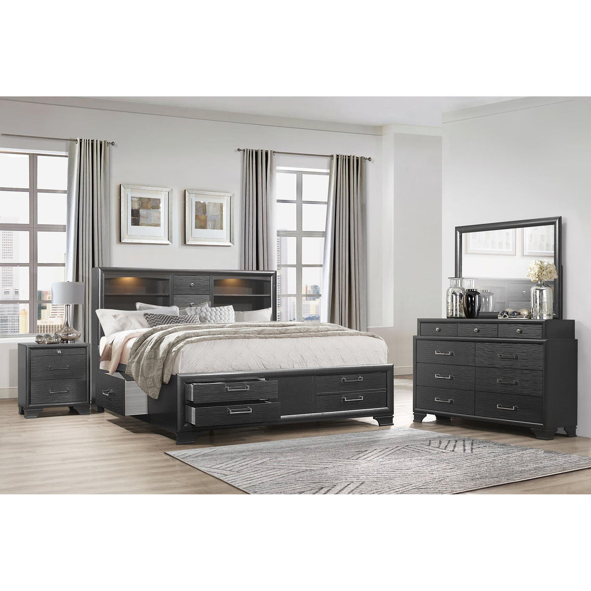 Civic - 5 Piece Storage Bedroom Set With Bookcase Headboard
