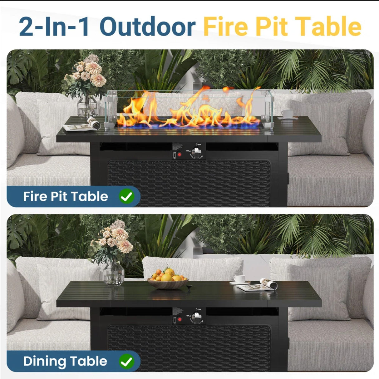 Outdoor 2 In 1 Propane Fire Pit Table With Lid & Glass Shield, Rectangular Fire Table, Lava Rock & Cover - Black