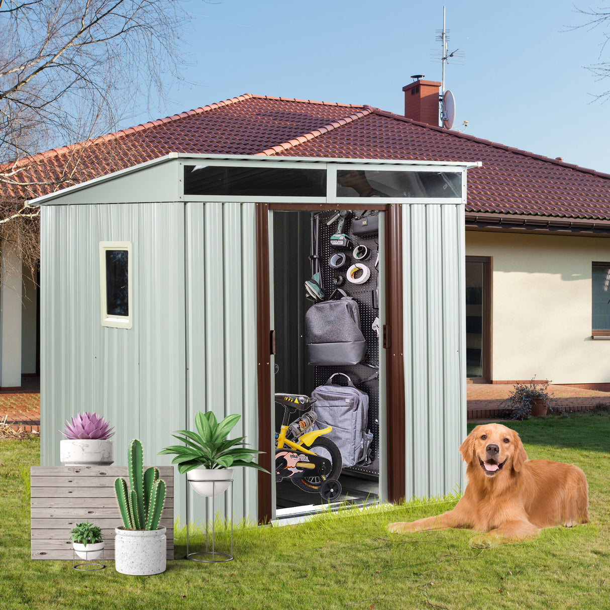 Outdoor Metal Storage Shed With Window - White