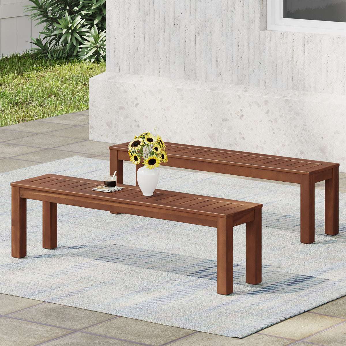 Acacia Wood Outdoor Bench With Beautiful Slat Paneling - Dark Brown