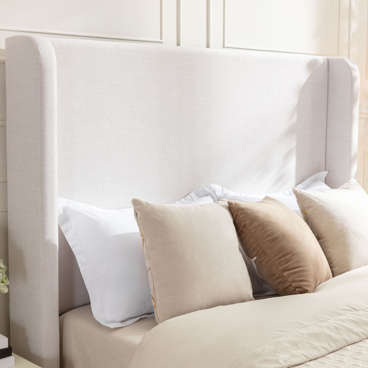 Hayden - King Size Upholstered Wingback Bed With And Tall 54" Headboard - Ivory