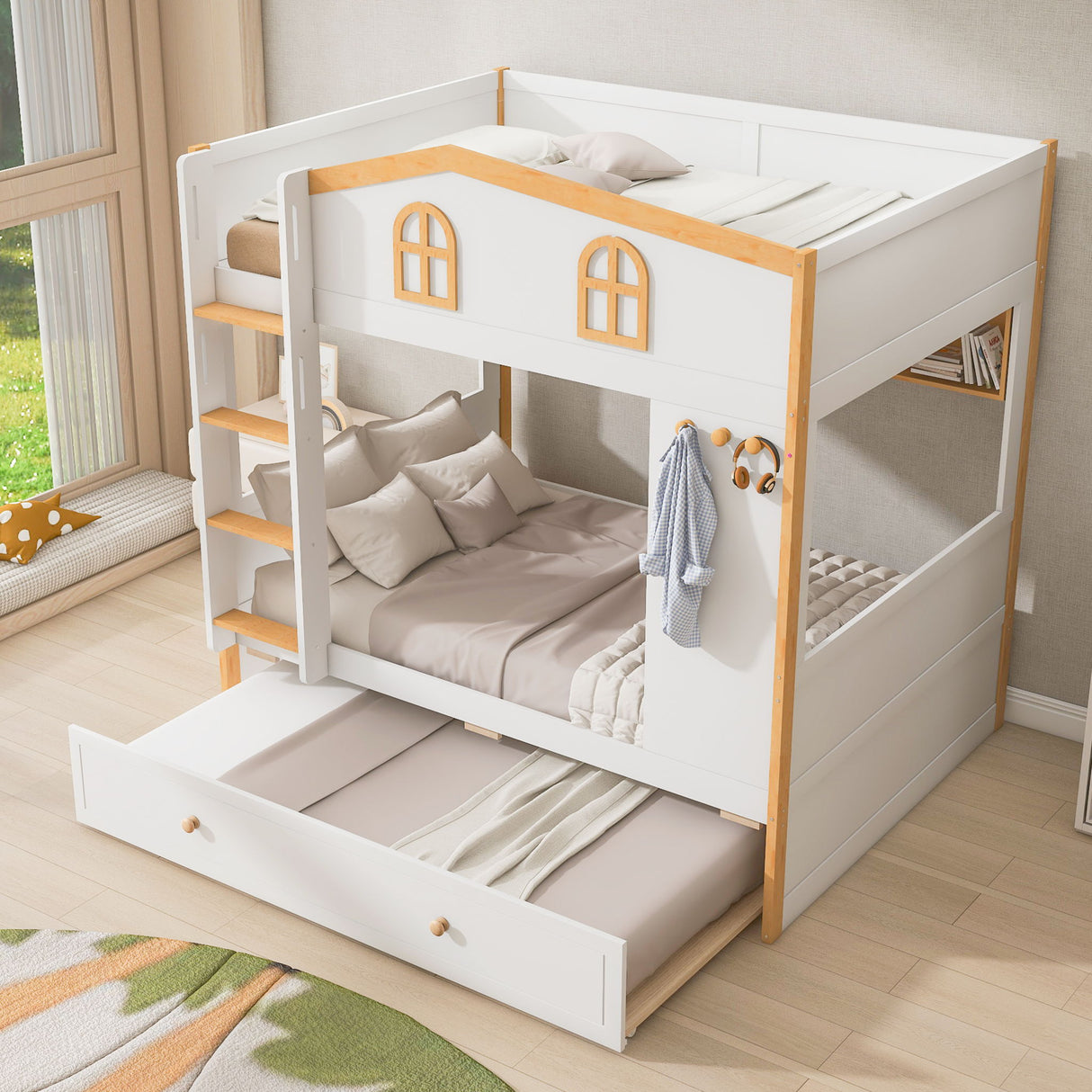 Full Over Full Bunk Bed With Storage Shelves And Trundle - White / Natural