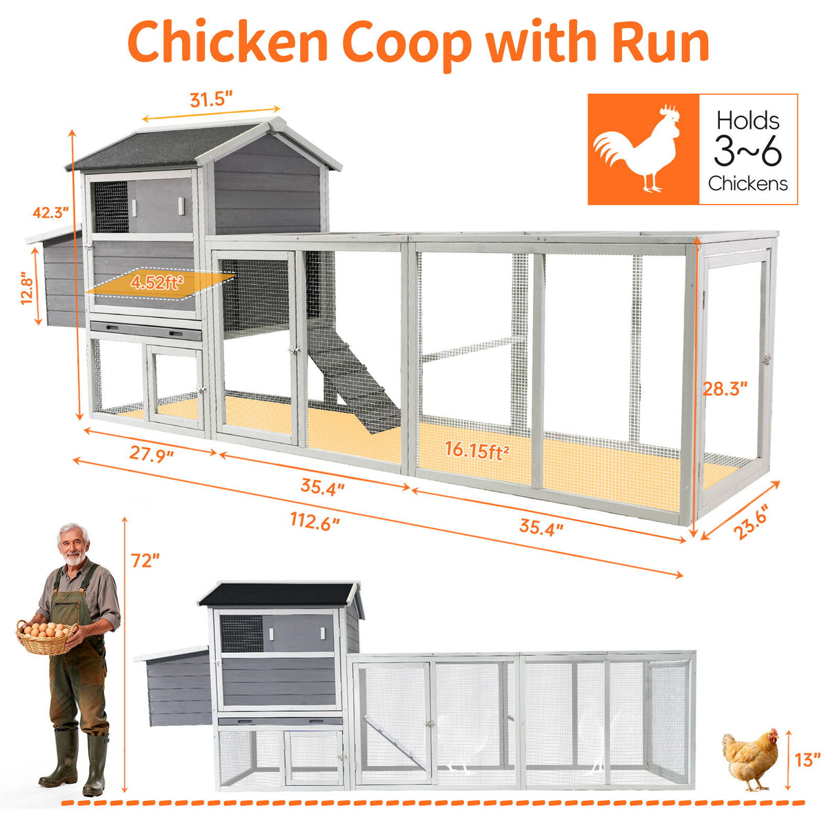 Chicken Coop, Large Outdoor Hen House With Run And Nesting Box Poultry Cage