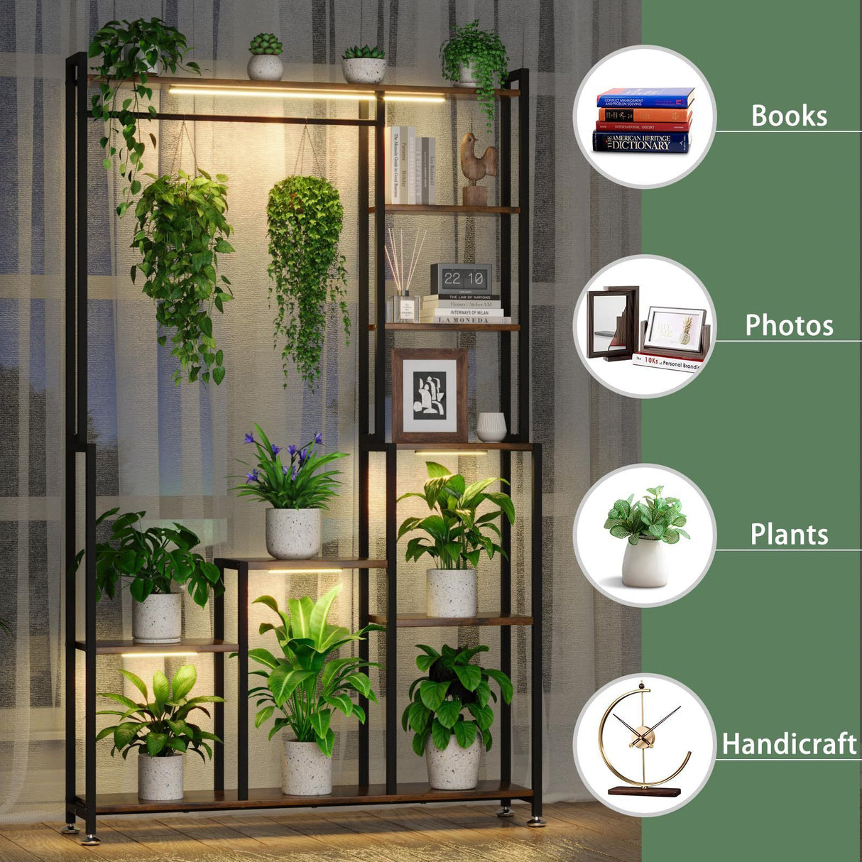 Large Plant Stand Indoor With Grow Light, Tall Plant Shelf, 8 Tiered Heavy Duty Metal Plant Stand, Square Flower Stand Display Rack For Living Room - Walnut / Black